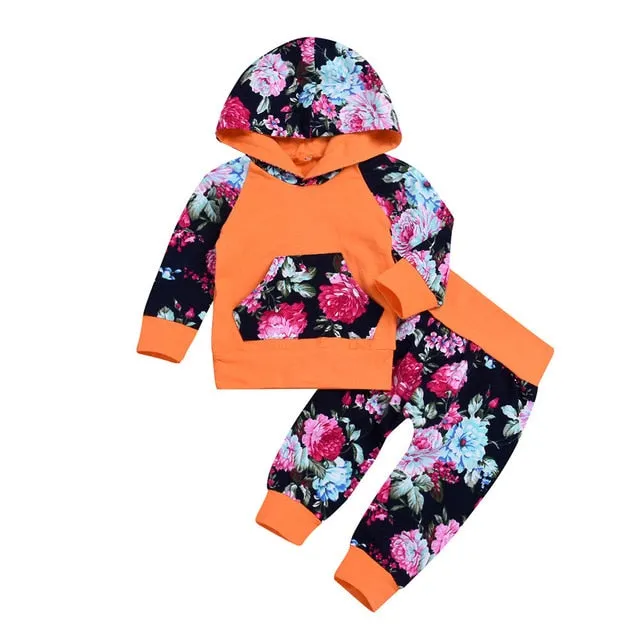 2018 Hot Sale 2PCS Toddler Baby Long Sleeve Floral Print Stripe Hooded Top Pants Set Outfit