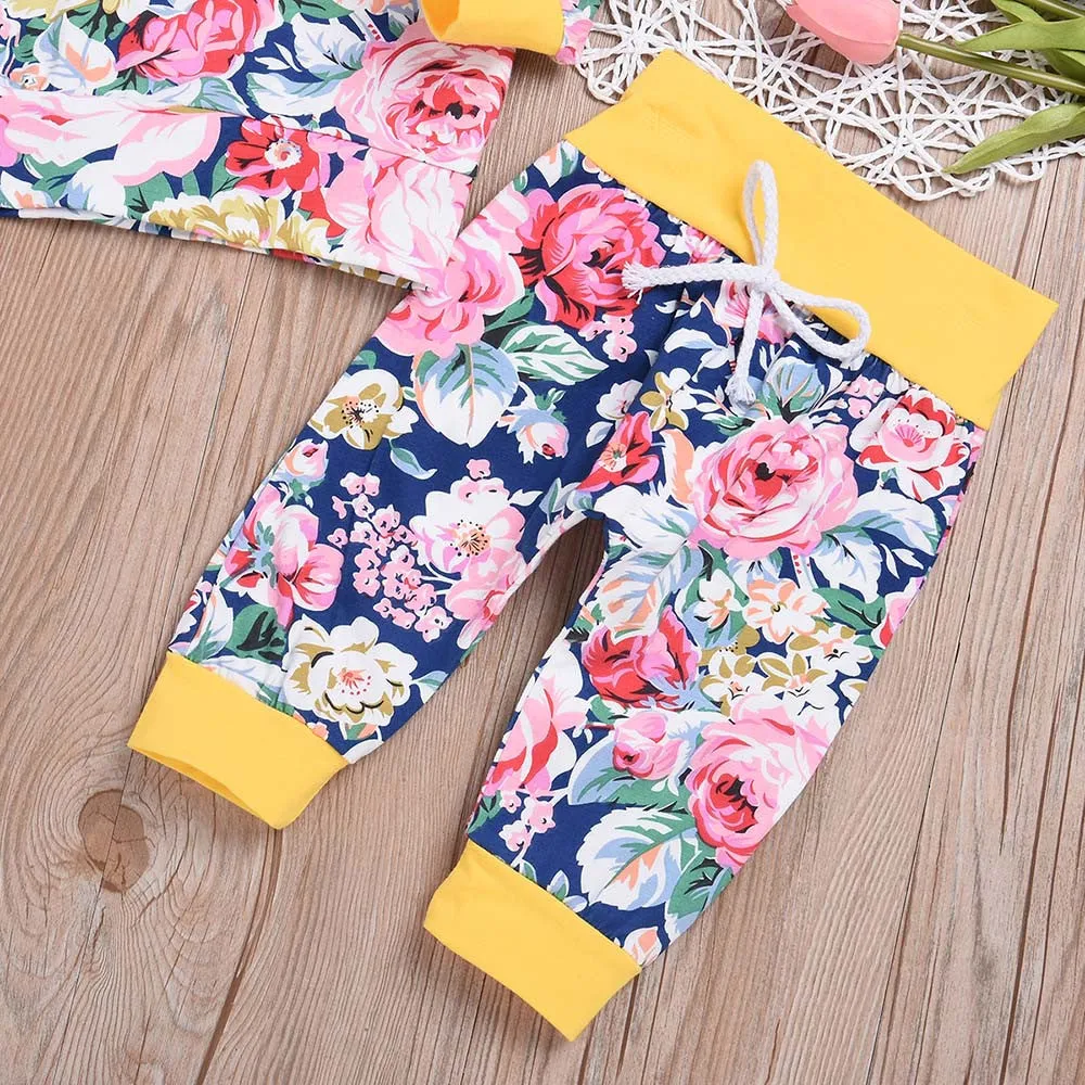 2018 Hot Sale 2PCS Toddler Baby Long Sleeve Floral Print Stripe Hooded Top Pants Set Outfit