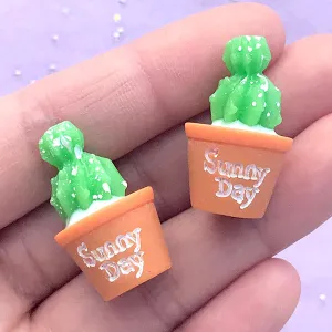 3D Cactus Cabochons | Potted Plant Embellishments | Whimsical Jewelry Supplies | Resin Decoden Pieces (2 pcs / 17mm x 28mm)