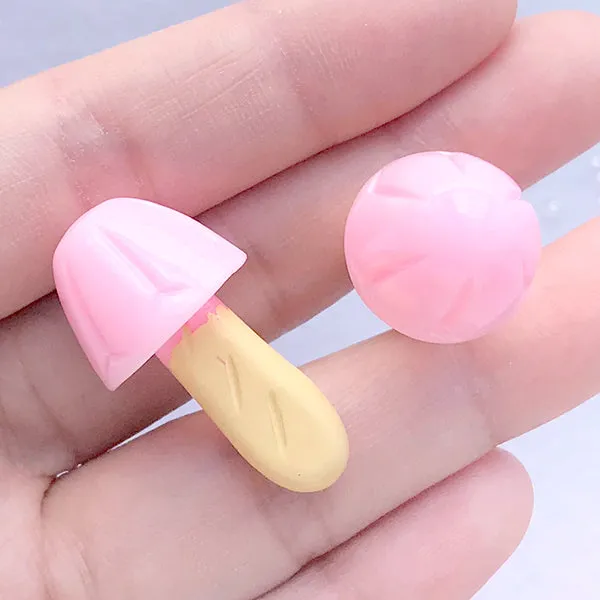 3D Chocolate Mushroom Cabochon in Actual Size | Sweets Deco | Kawaii Decoden Supplies | Faux Snack (2 pcs / Pink / 17mm x 31mm)