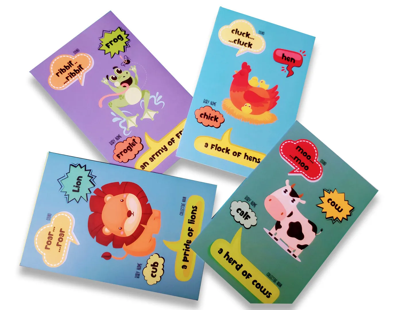 Animals sounds flashcards with collective noun and baby name