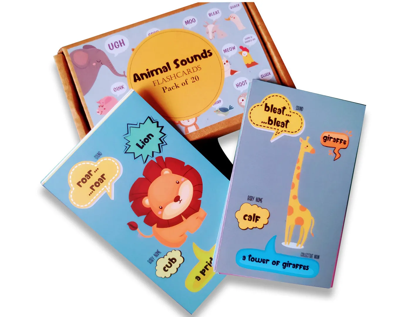 Animals sounds flashcards with collective noun and baby name