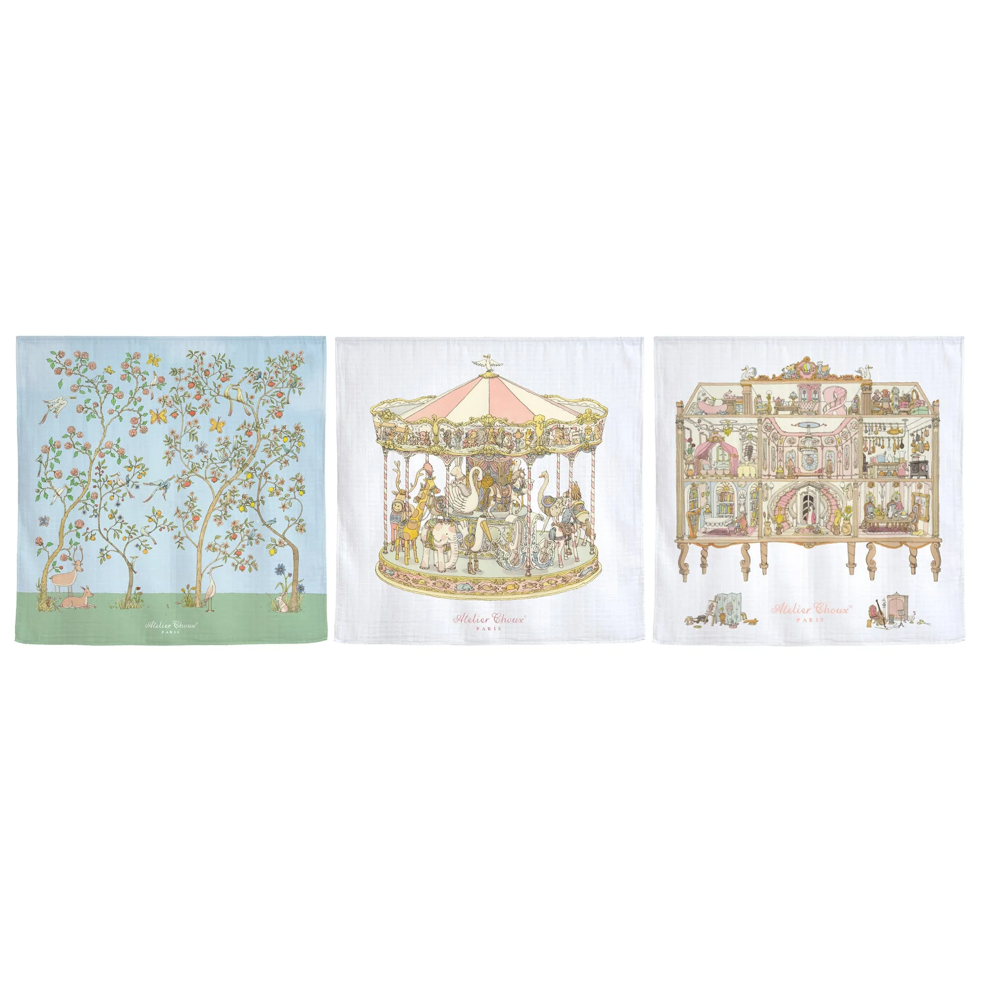 Atelier Choux Set of 3 Muslins Dollhouse & Carousel & In Bloom Morning Dew