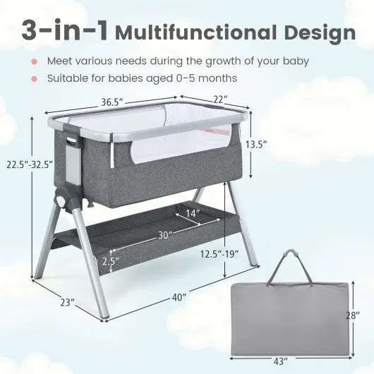 Baby Bassinet Bedside Sleeper With Storage Basket and Wheel for Newborn-Gray