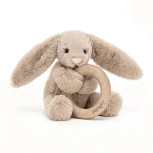 BASHFUL BEIGE BUNNY WOODEN RING RATTLE