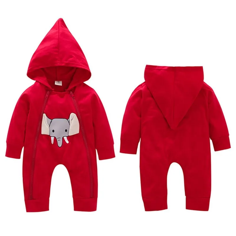 Boys And Girls Elephant Print Hooded Rompers