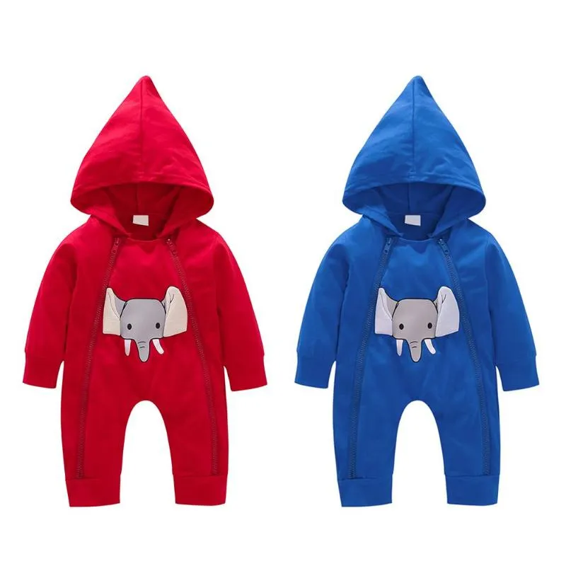 Boys And Girls Elephant Print Hooded Rompers