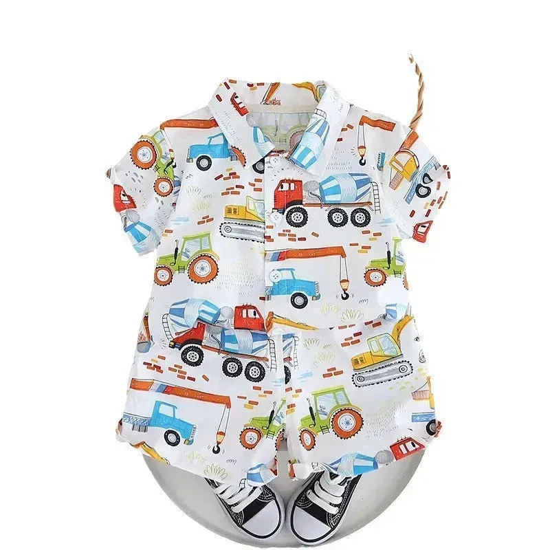 Boy's Shirt Suit Thin Summer Fashionable Cartoon Baby Short Sleeve Summer Clothing Two piece for boys