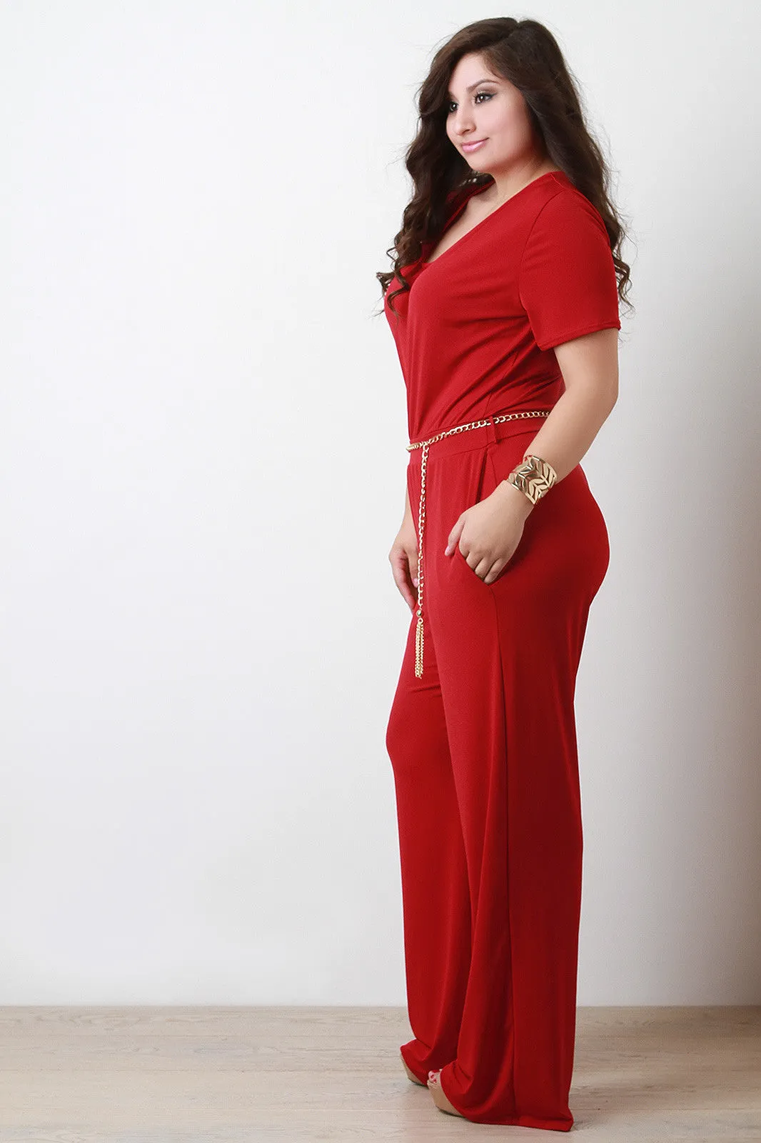 Chain Belt Straight Leg Jumpsuit