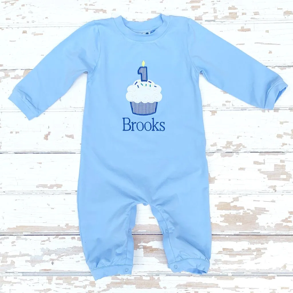 Cupcake Appliqué Blue Knit Romper