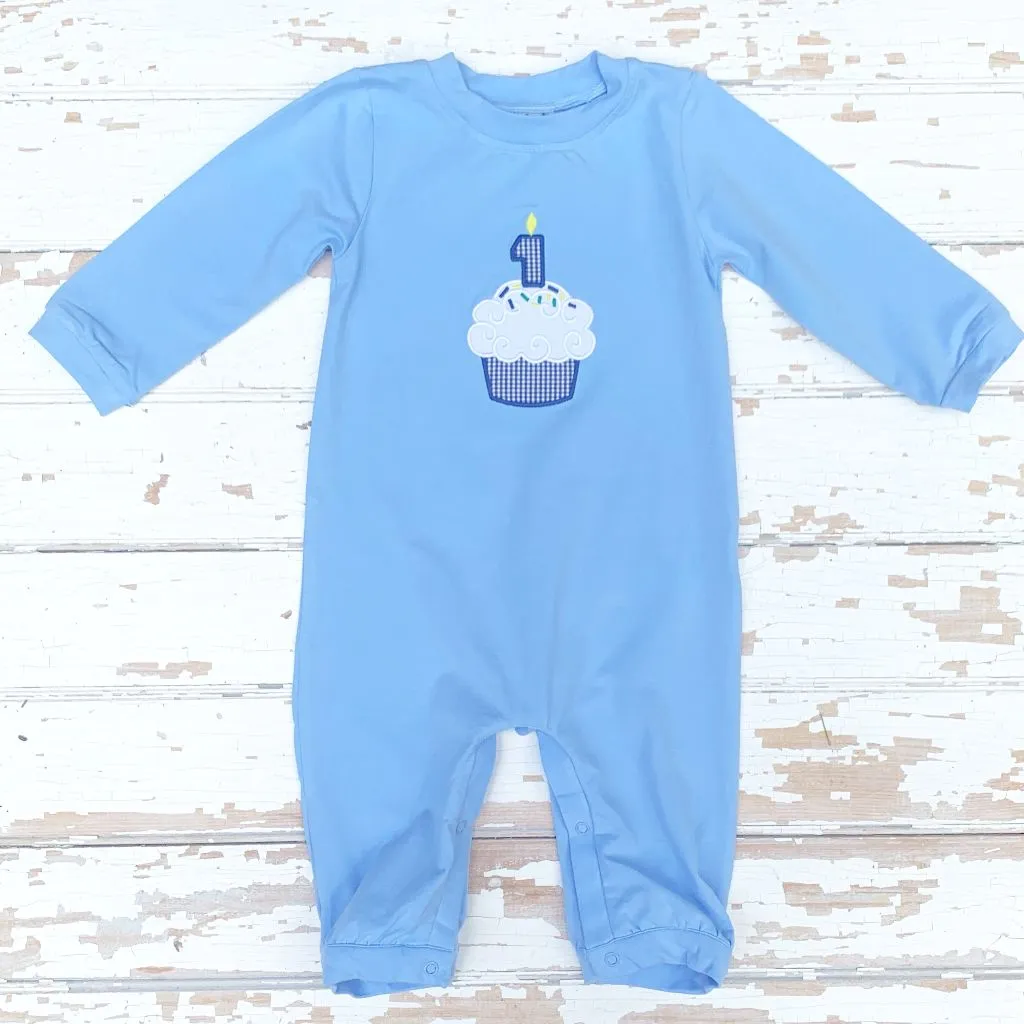 Cupcake Appliqué Blue Knit Romper