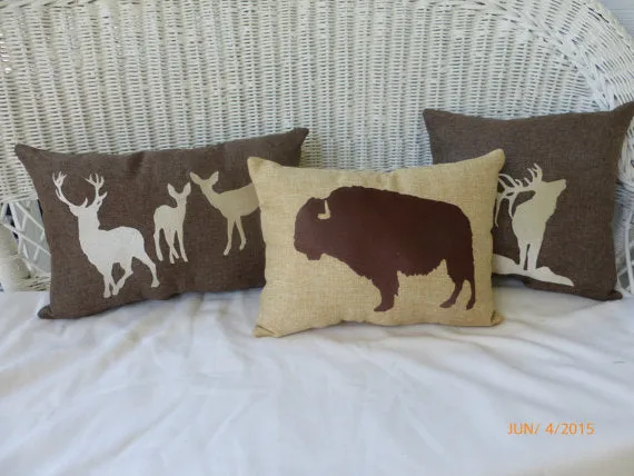 Embroidered Buffalo pillow, Bison pillow, Wildlife pillows