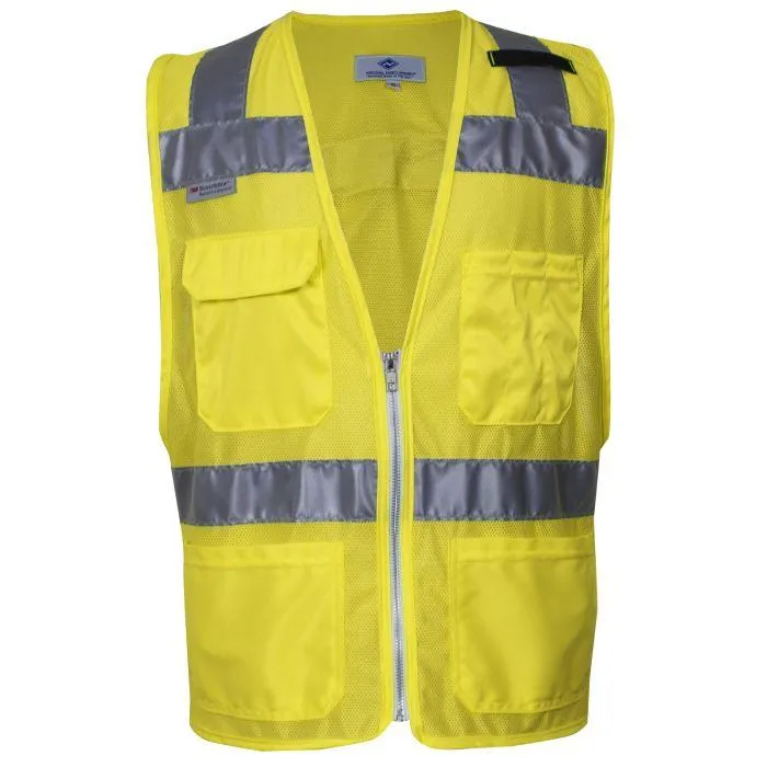 Hi-Vis Mesh Road Safety Vest - Silver Reflective Trim, 4 Various Size Pockets, Type R Class 2