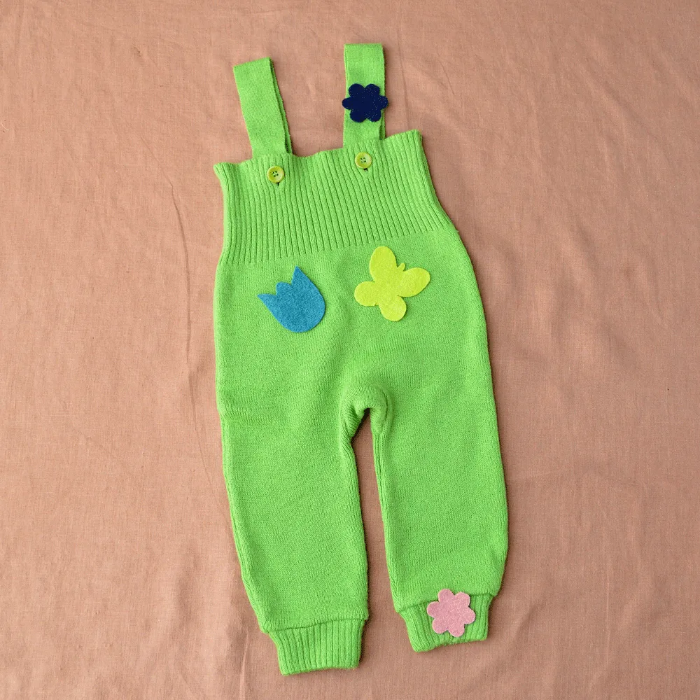 *Knitted Dungarees in Organic Merino Wool - Green (6-12m) *PRE-LOVED/YOU MEND IT!