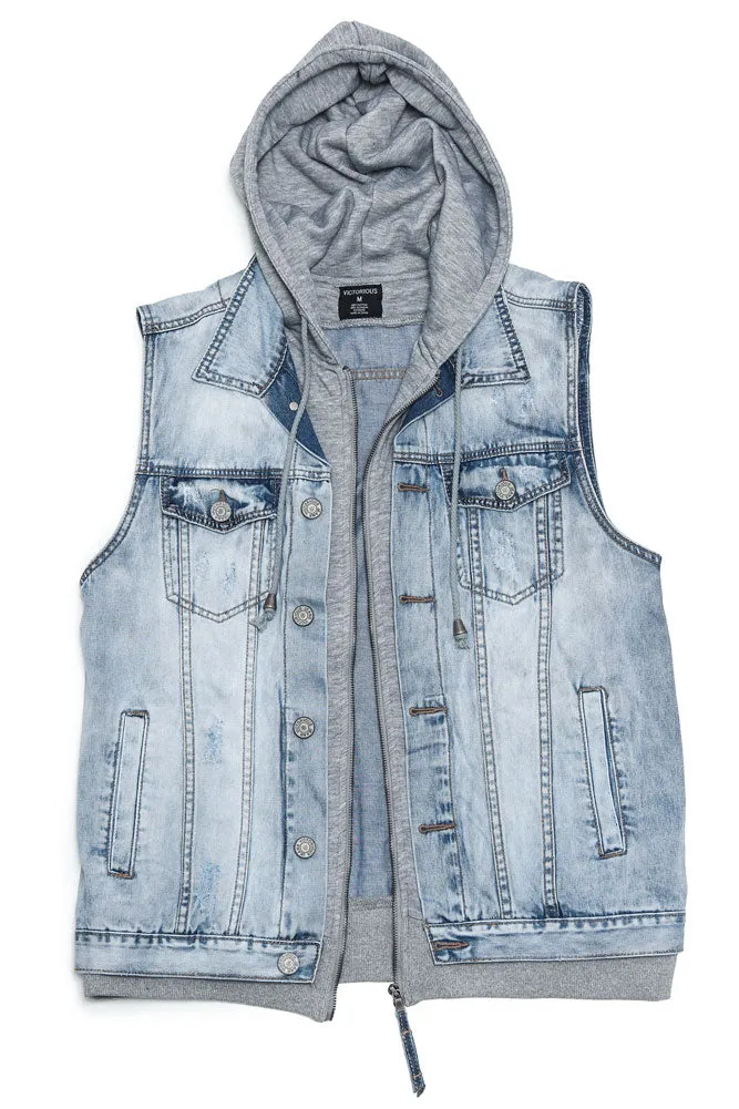 Layered Hooded Denim Vest