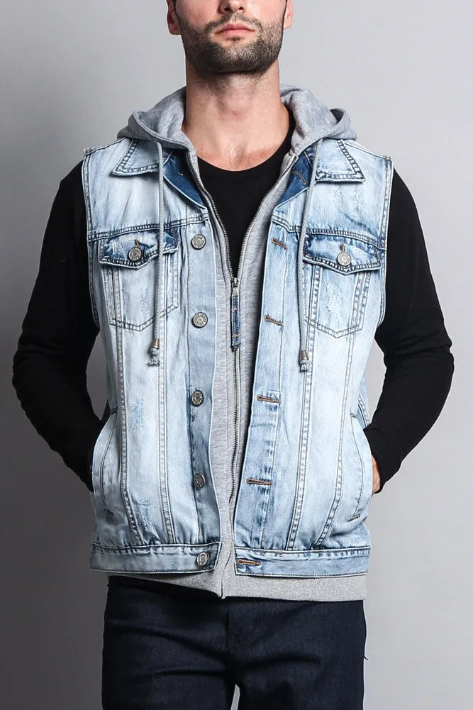 Layered Hooded Denim Vest