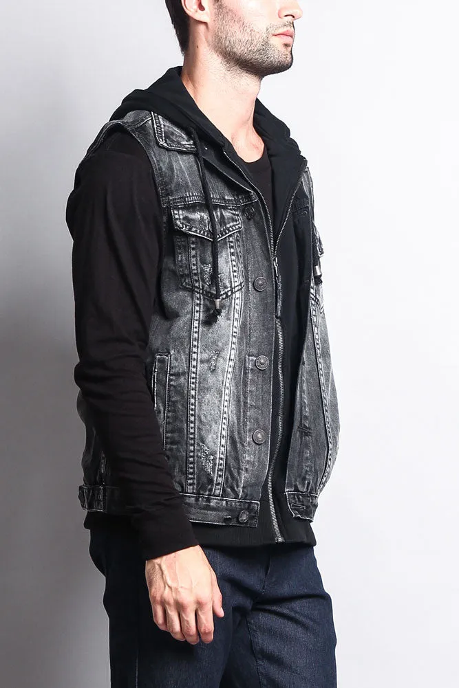 Layered Hooded Denim Vest