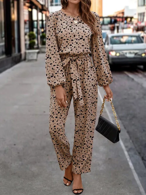 Leopard Tie Front Balloon Sleeve Jumpsuit