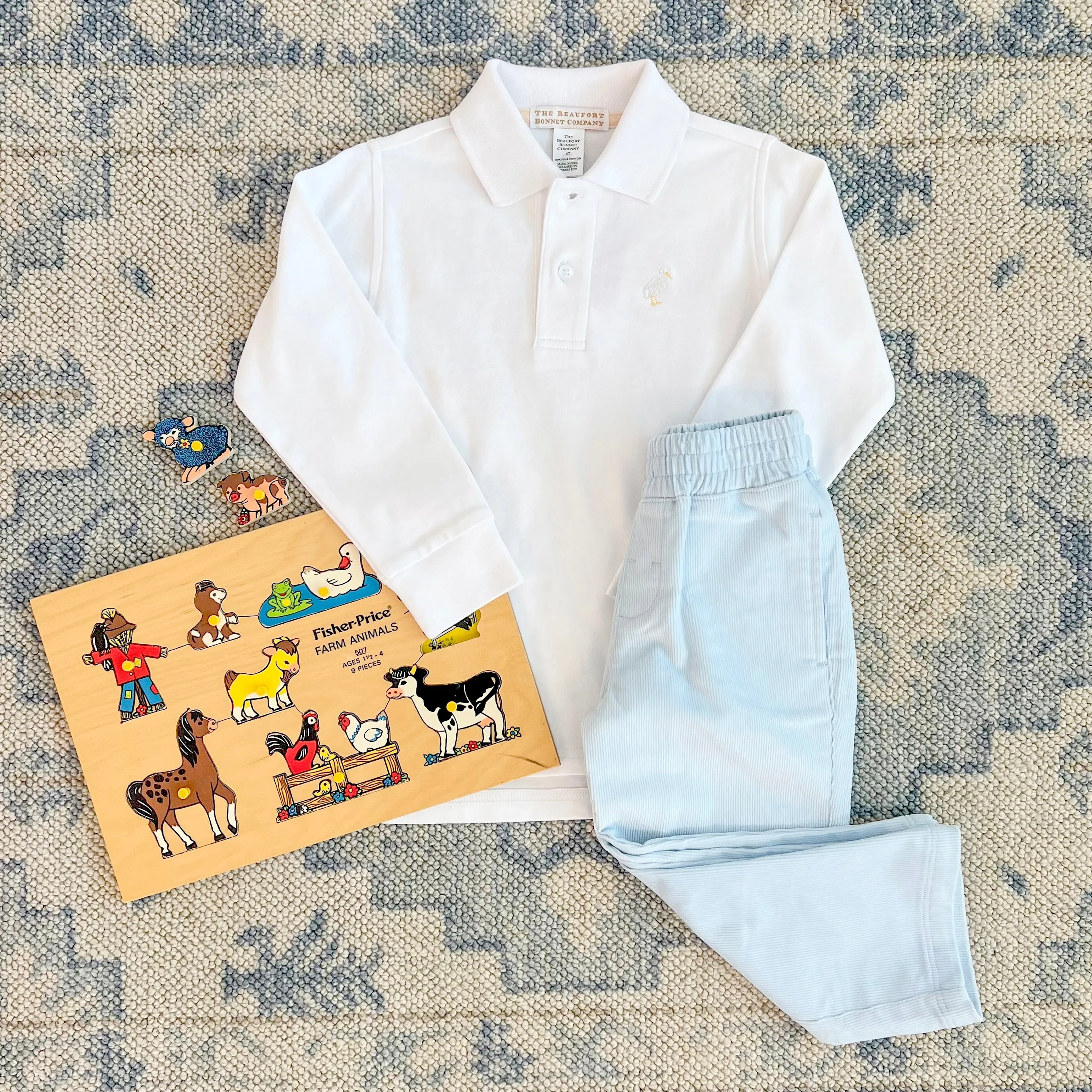 Long Sleeve Prim & Proper Polo & Onesie - Worth Avenue White with Multicolor Stork