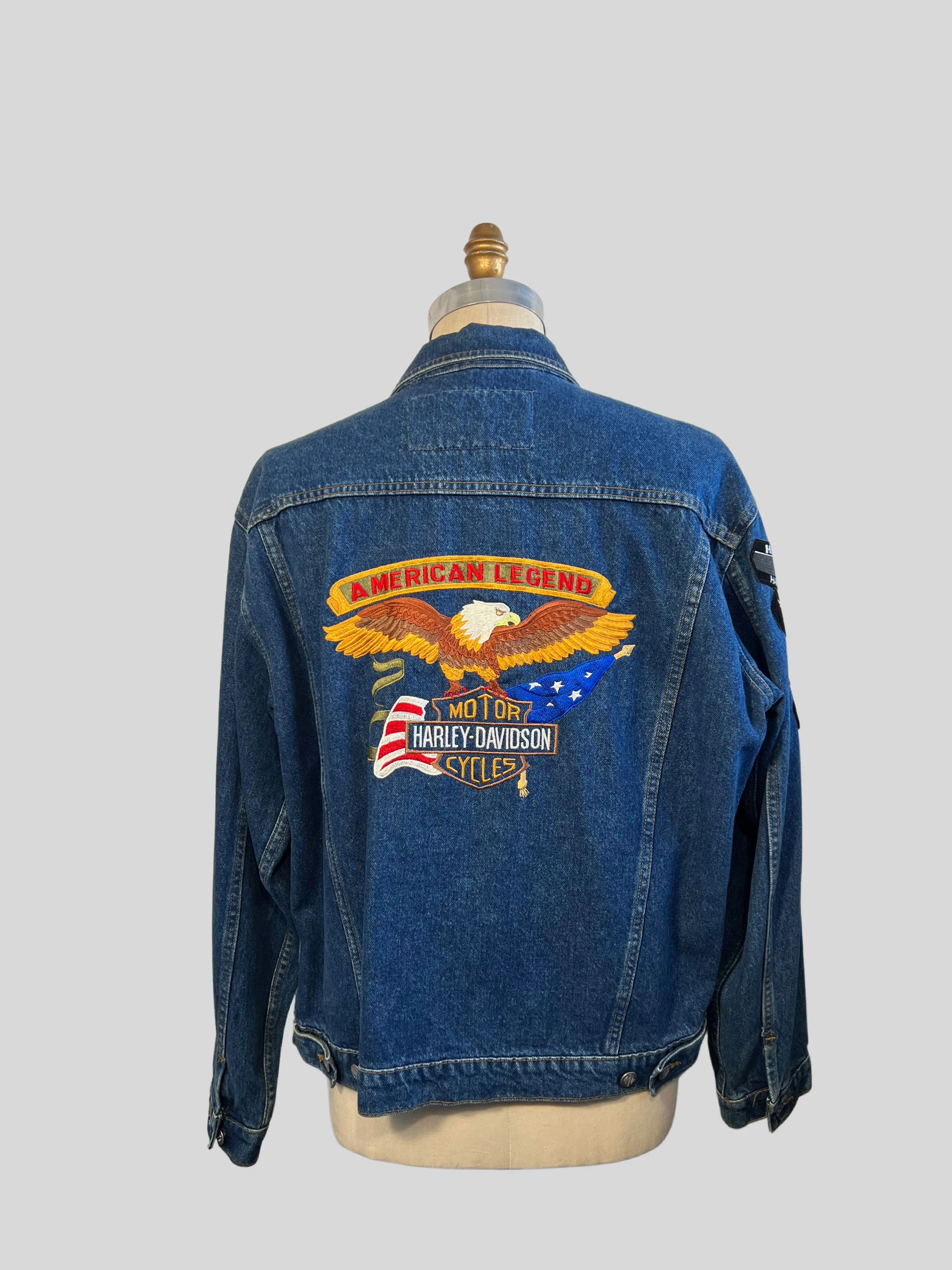 Vintage 1990's Harley Davidson Medium Wash Patched Denim Trucker Jacket, Size Large