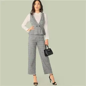 Women Classy Grey Double Button Wrap Peplum Plaid Top Without Blouse and Pants Set